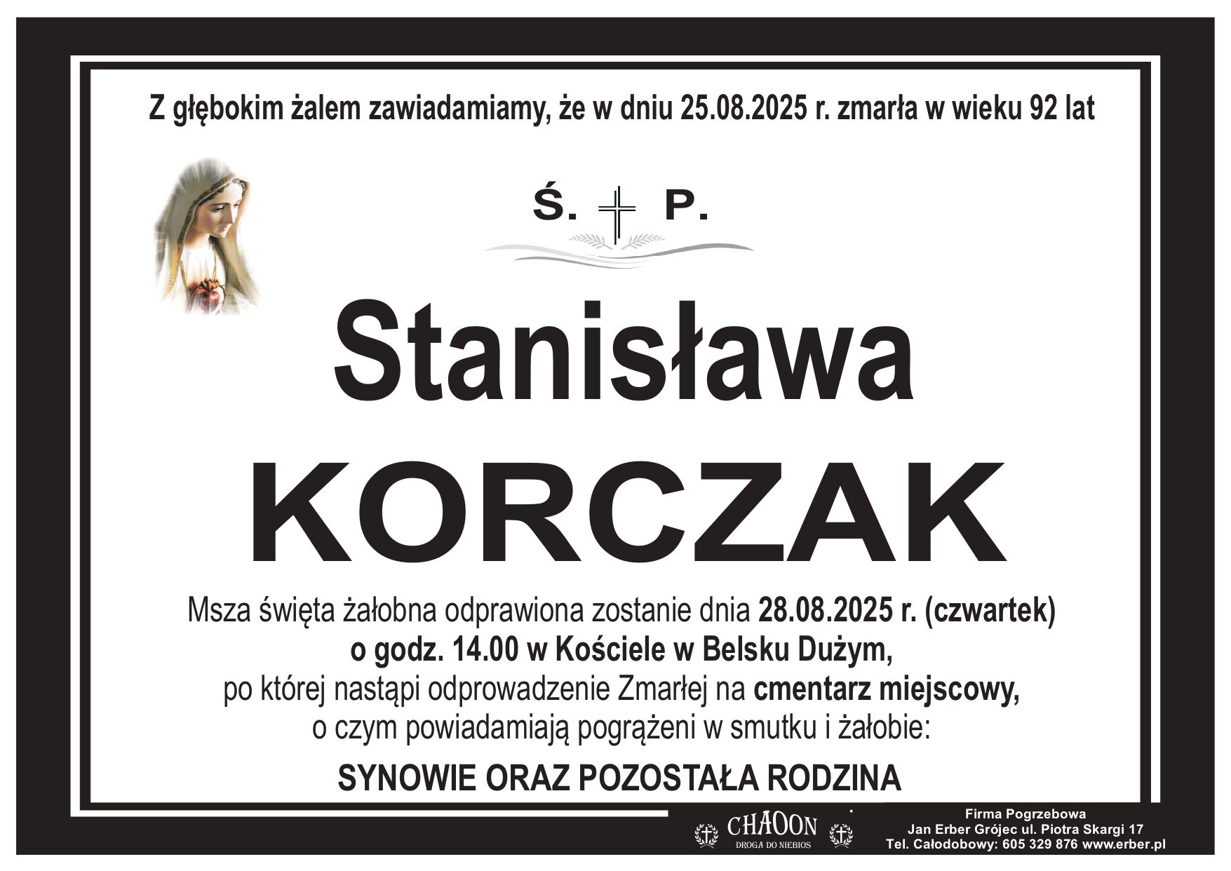 KOMUNIKAT O POGRZEBIE ŚP.  STANISŁAWY KORCZAK Z WOLI STAROWIEJSKIEJ