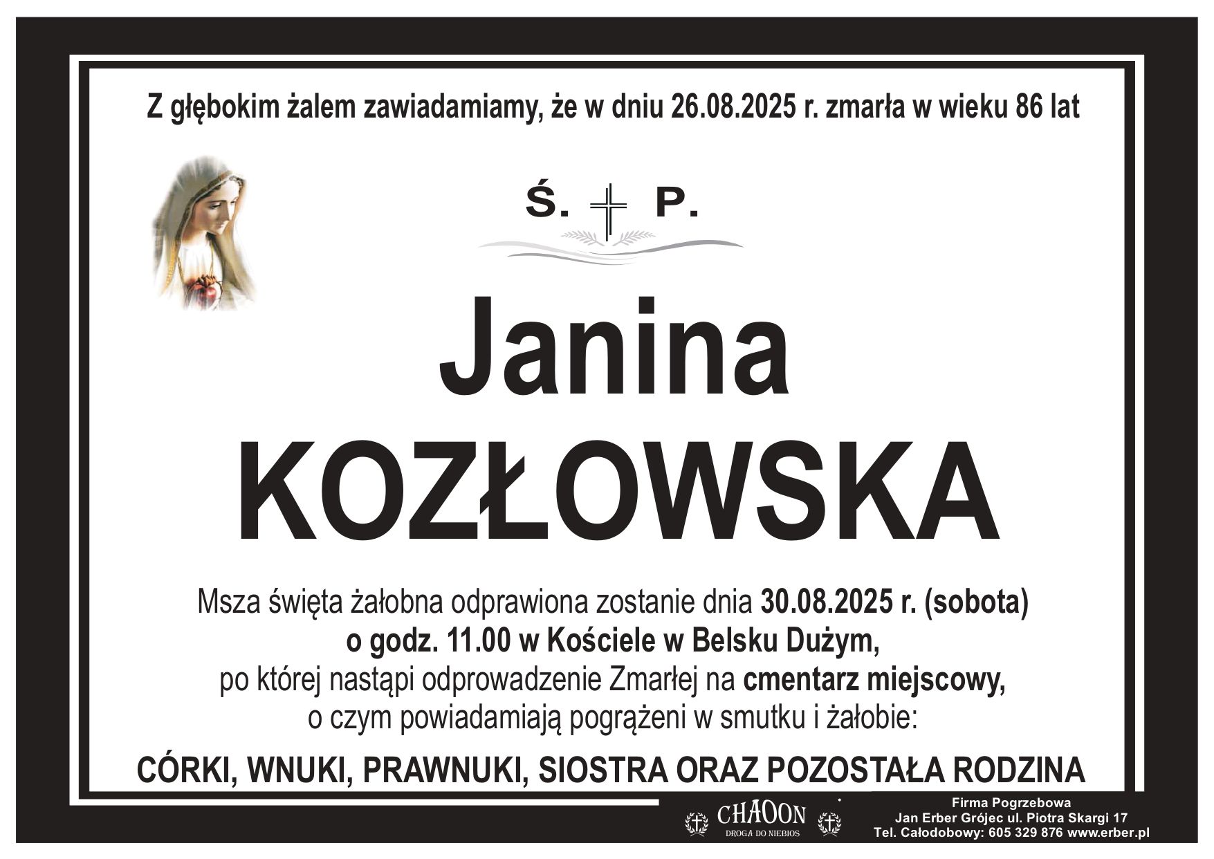 KOMUNIKAT O POGRZEBIE ŚP. JANINY KOZŁOWSKIEJ ZE STAREJ WSI.