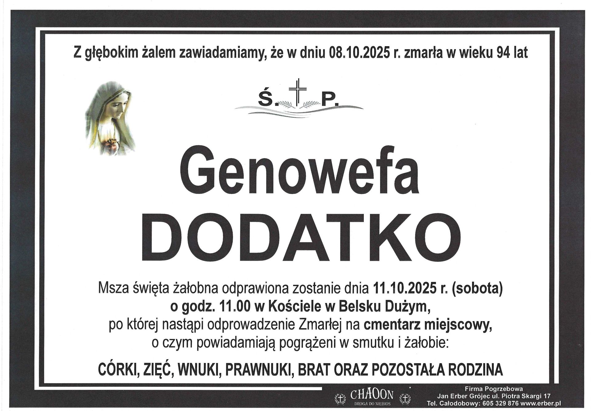 KOMUNIKAT O POGRZEBIE ŚP. GENOWEFY DODATKO Z BELSKA DUŻEGO.