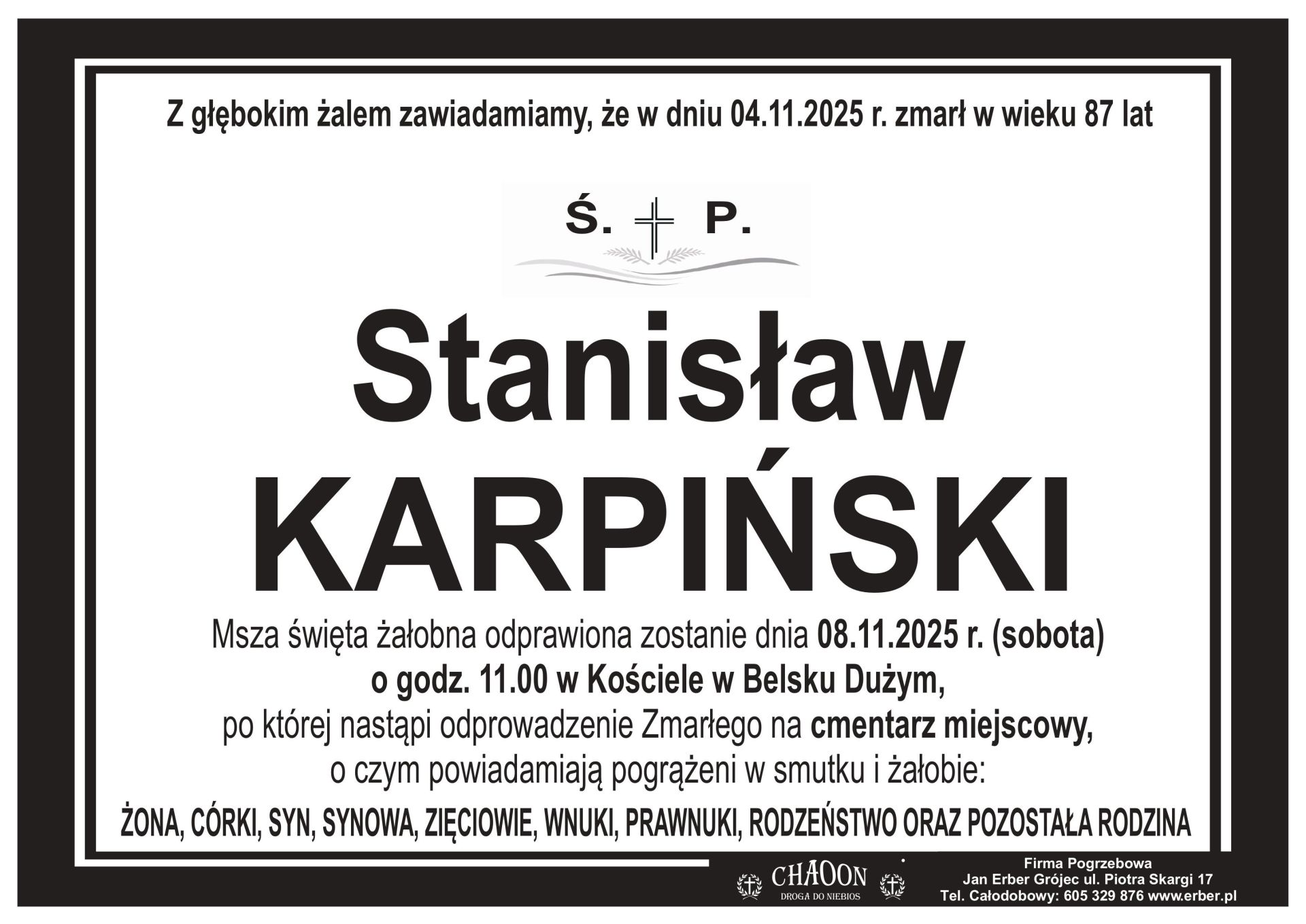KOMUNIKAT O POGRZEBIE ŚP. STANISŁAWA KARPIŃSKIEGO Z DASZEWIC.
