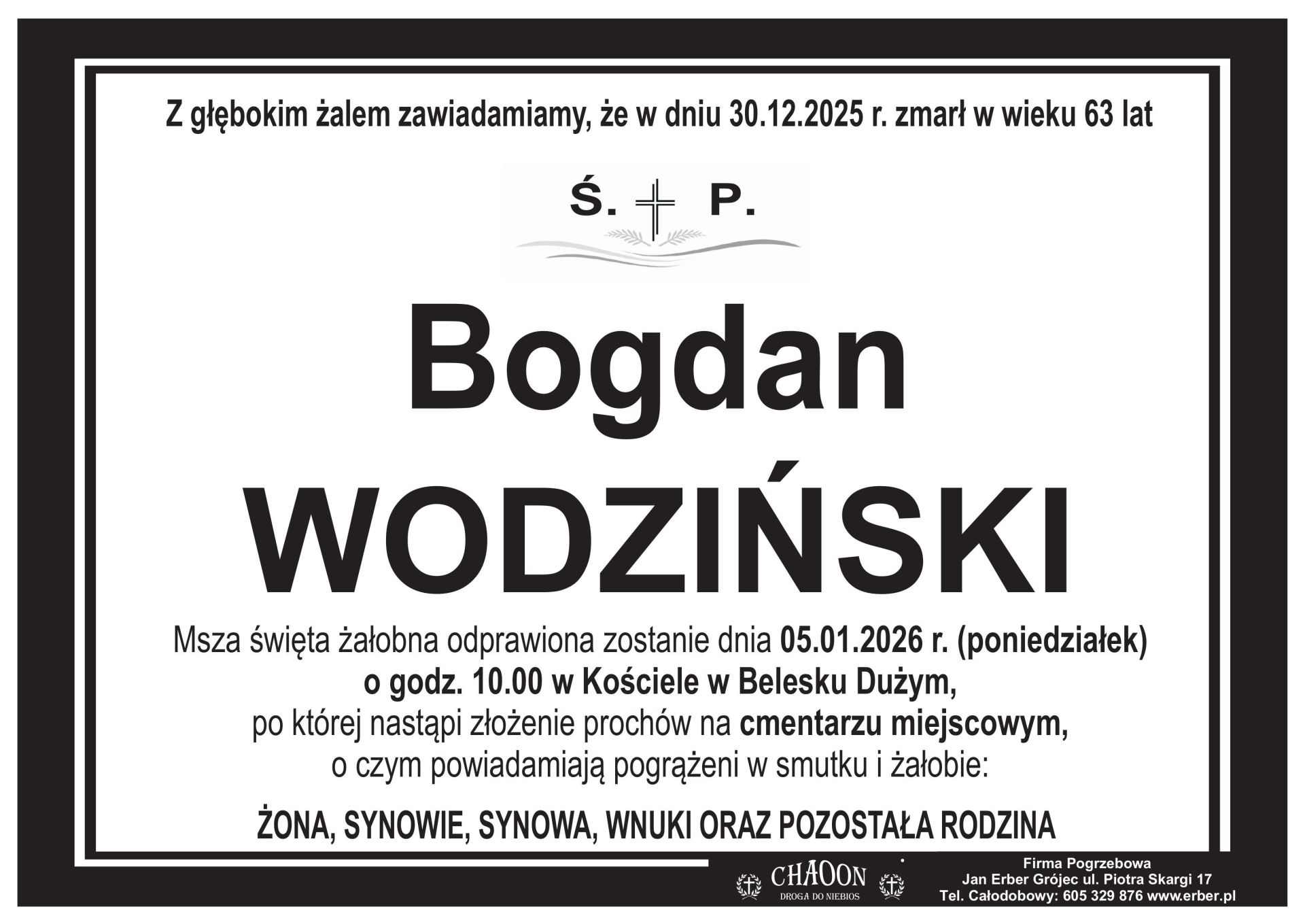 Komunikat o pogrzebie śp. BOGDANA WODZIŃSKIEGO z Odrzywołka.