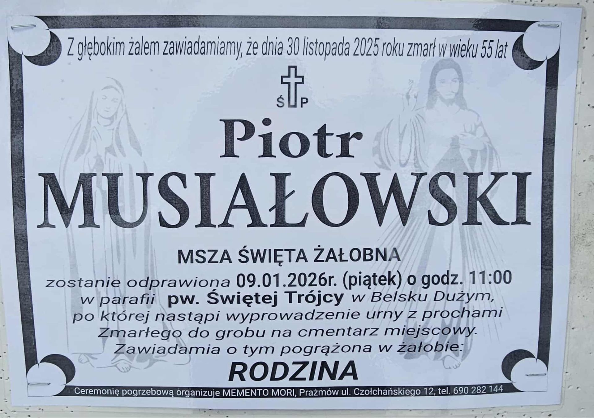 Komunikat o pogrzebie śp. PIOTRA MUSIAŁOWSKIEGO /kawalera/ z Aleksandrówki.