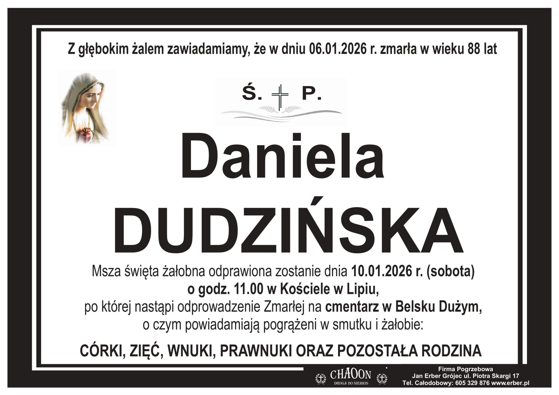 Komunikat o pogrzebie śp. DANIELI DUDZIŃSKIEJ  z Głudnej /parafia Lipie/.