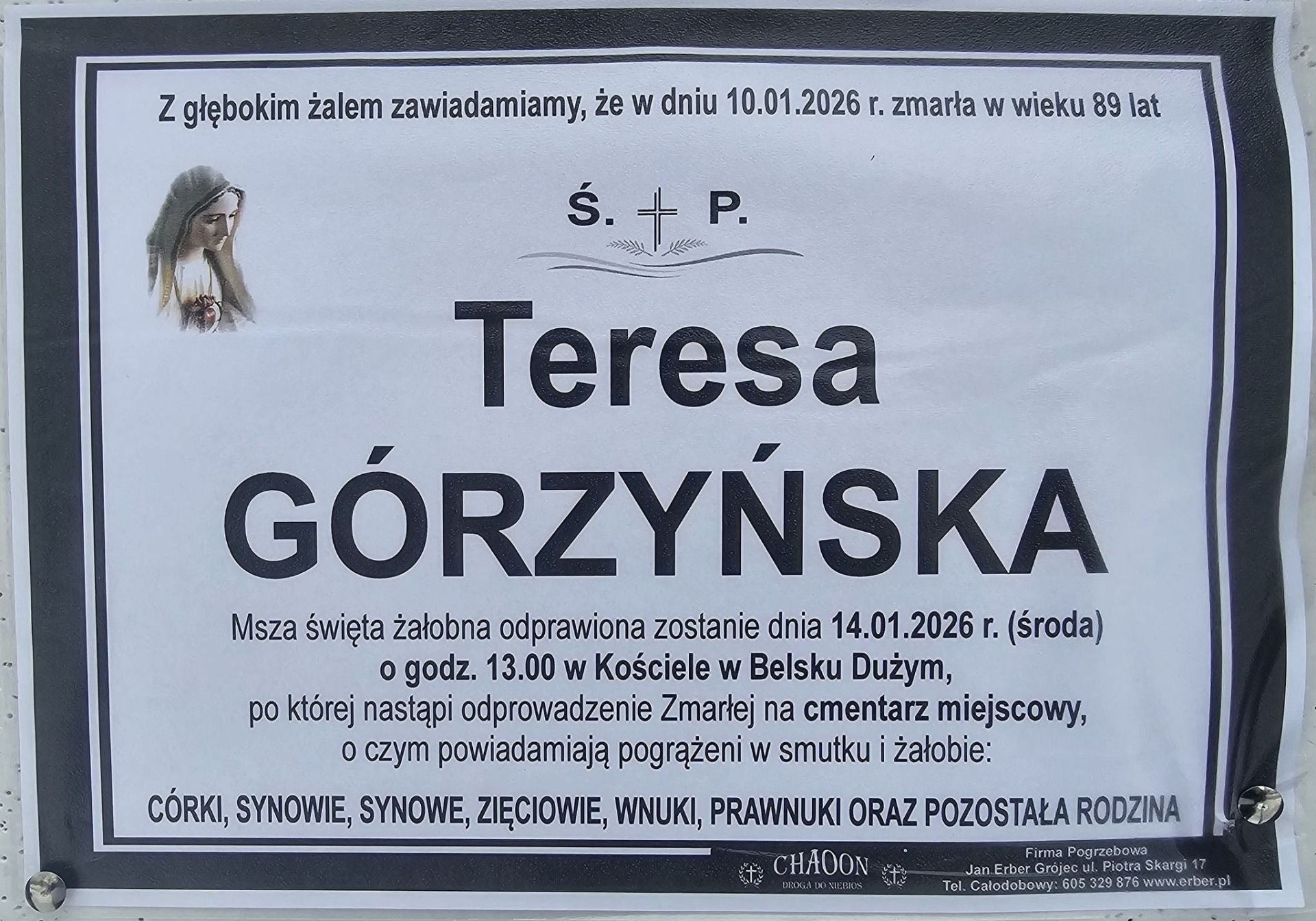Komunikat o pogrzebie śp. TERESY GÓRZYŃSKIEJ z Daszewic.