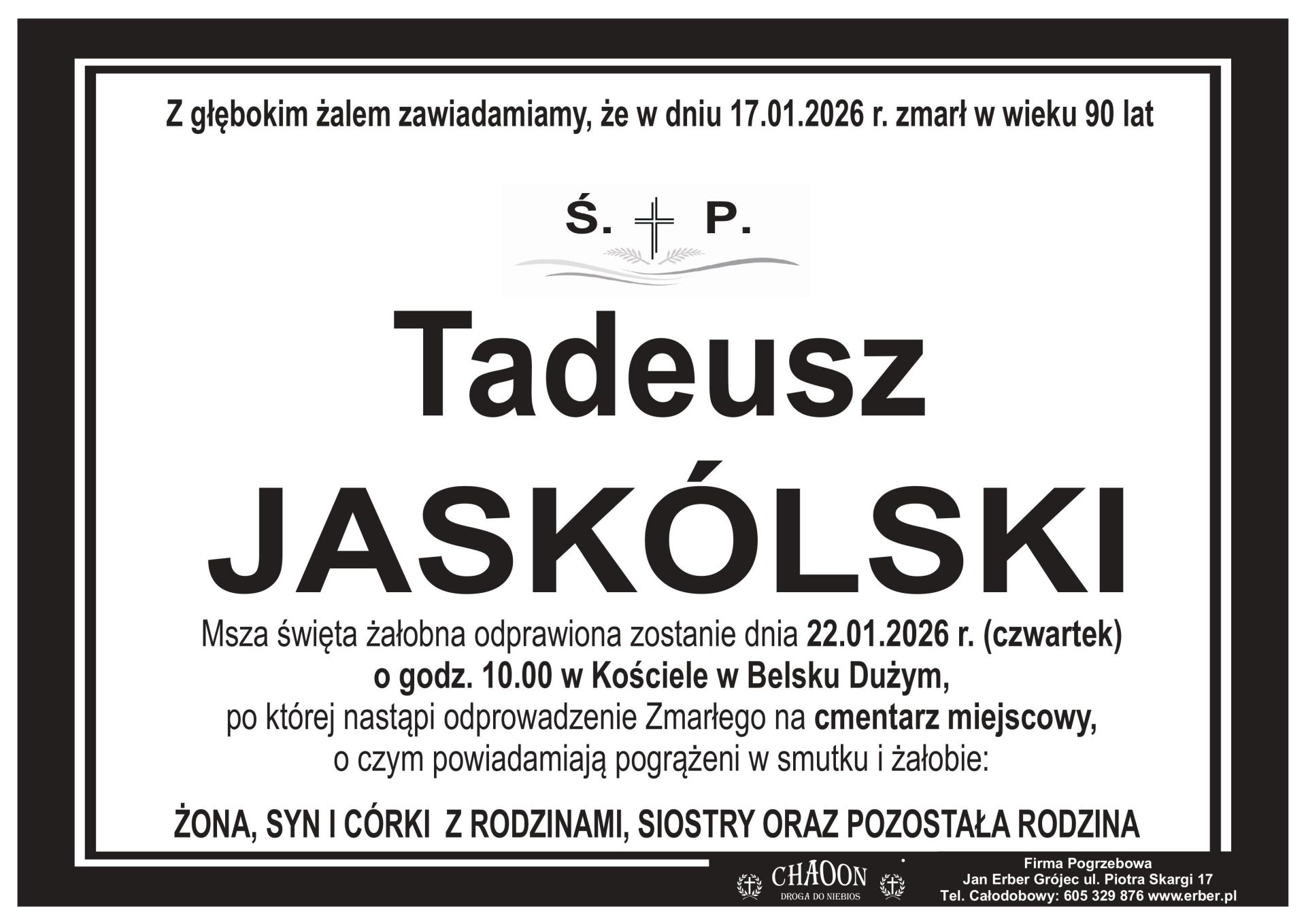 Komunikat o pogrzebie śp. TADEUSZA JASKÓLSKIEGO z Belska Dużego.