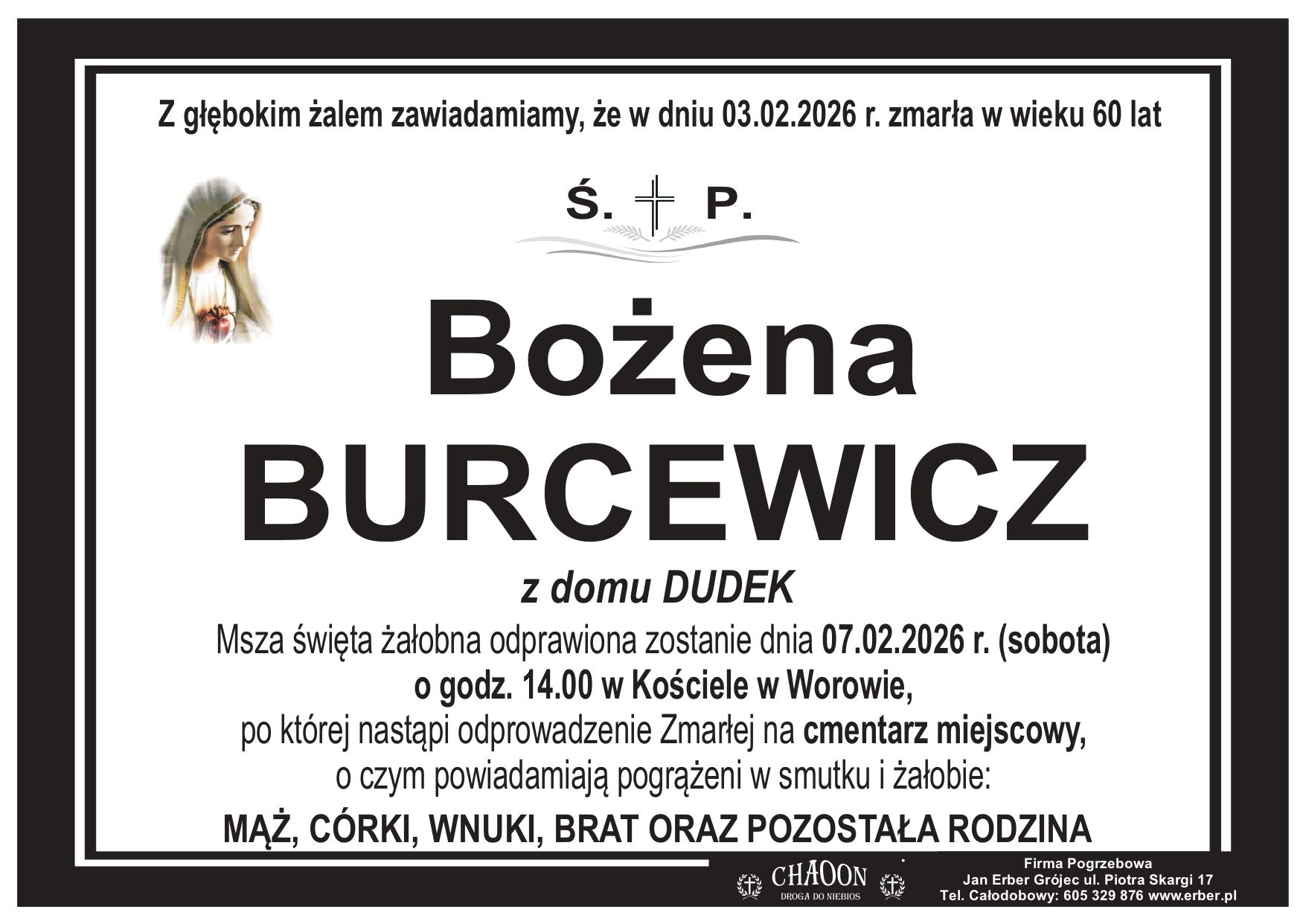 Komunikat o pogrzebie śp. BOŻENY BURCEWICZ ze Starej Wsi.