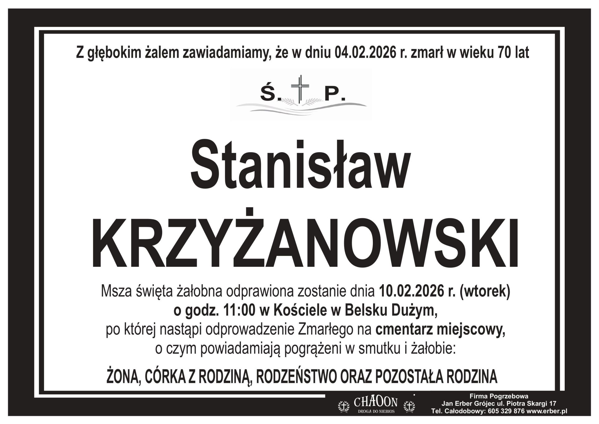 Komunikat o pogrzebie śp. STANISŁAWA KRZYŻANOWSKIEGO z Sadkowa Duchownego.