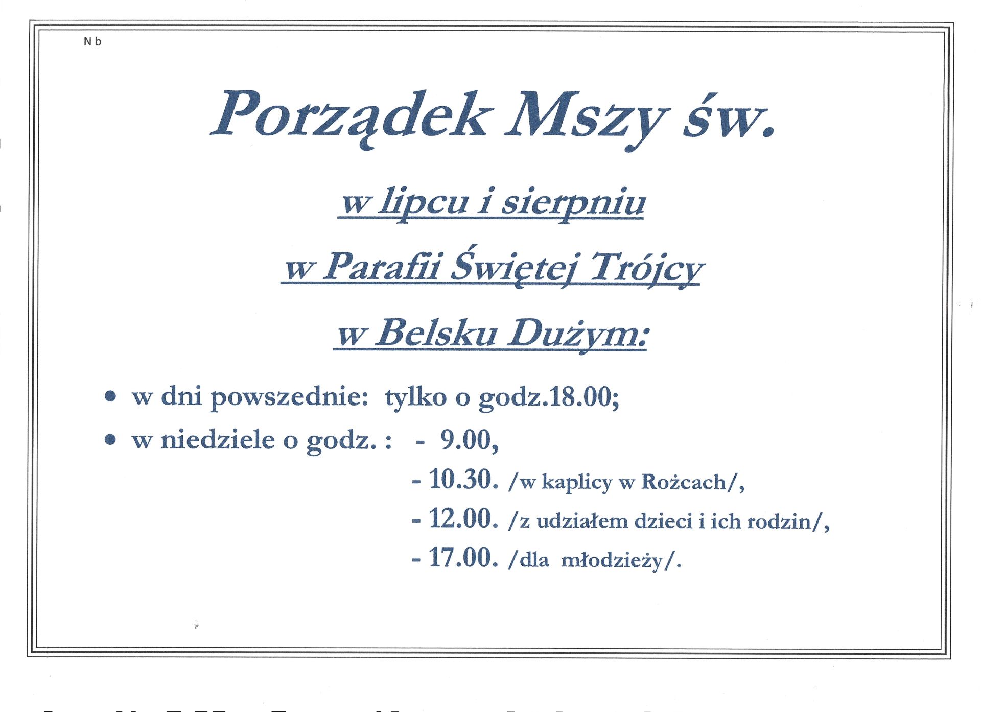 Porządek Mszy św. w lipcu i sierpniu.