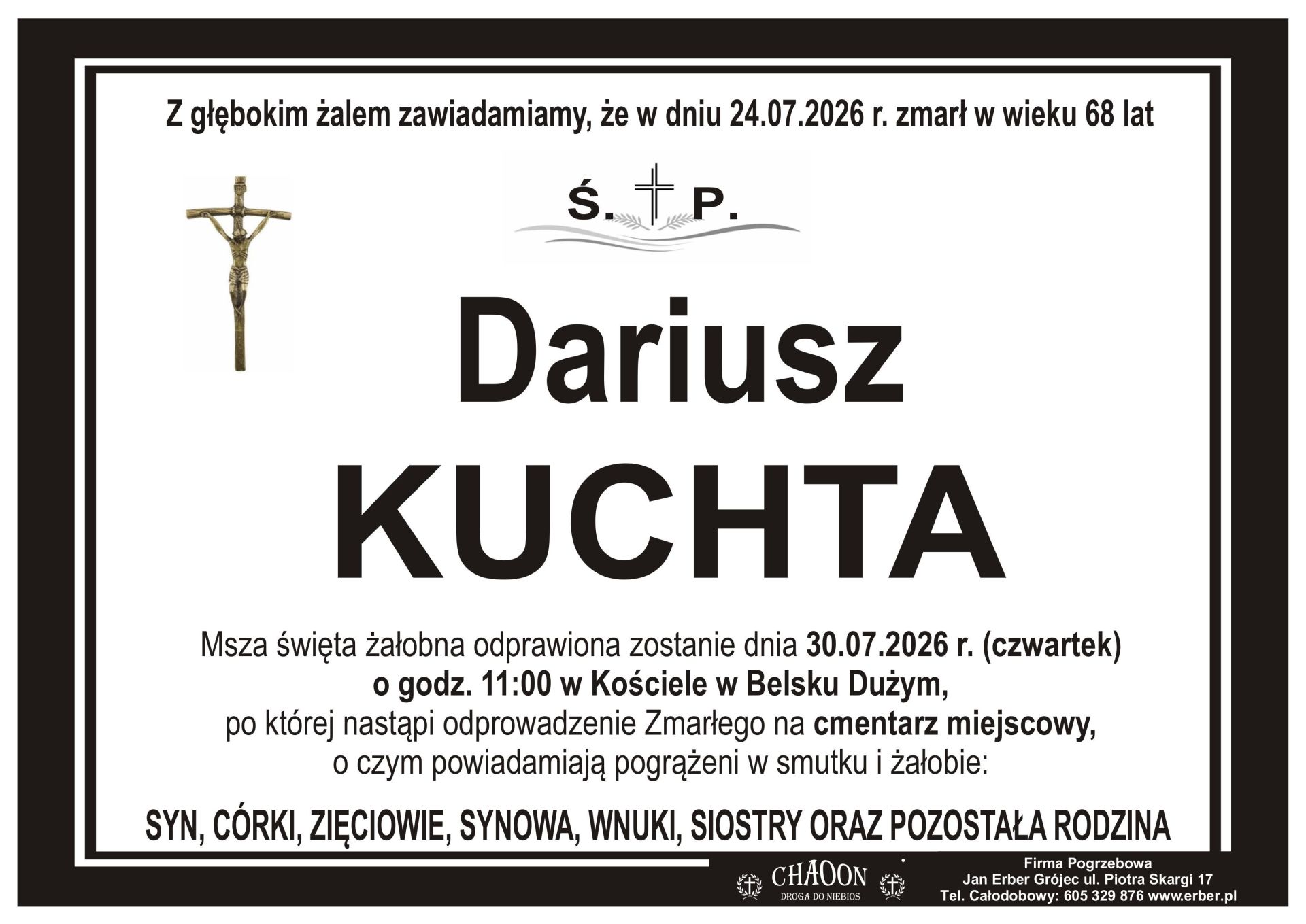 Komunikat o pogrzebie śp. DARIUSZA KUCHTY z Rębowoli.