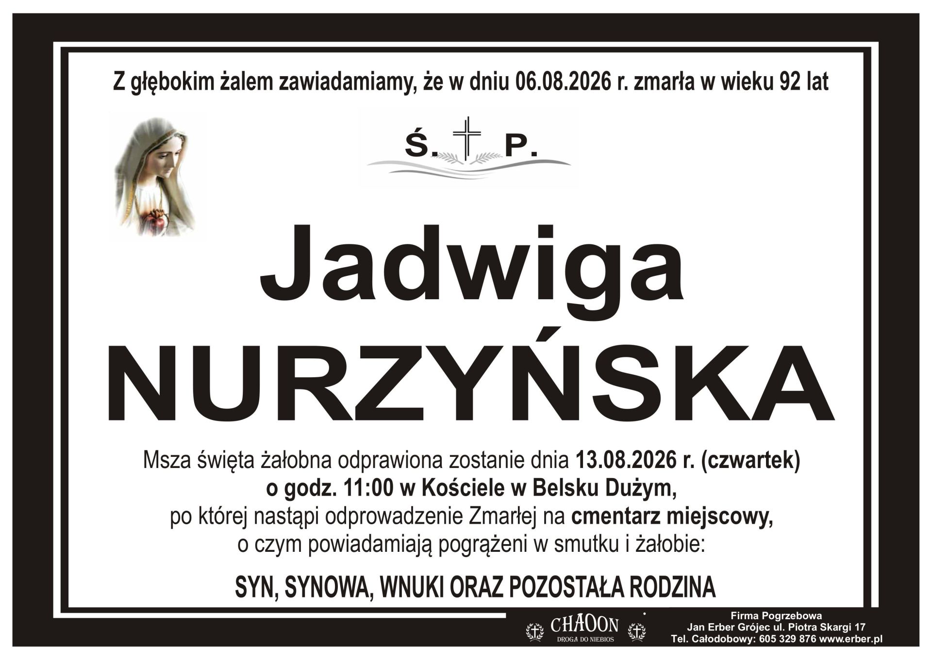 Komunikat o pogrzebie śp. JADWIGI NURZYŃSKIEJ z Warszawy, rodem z Belska.