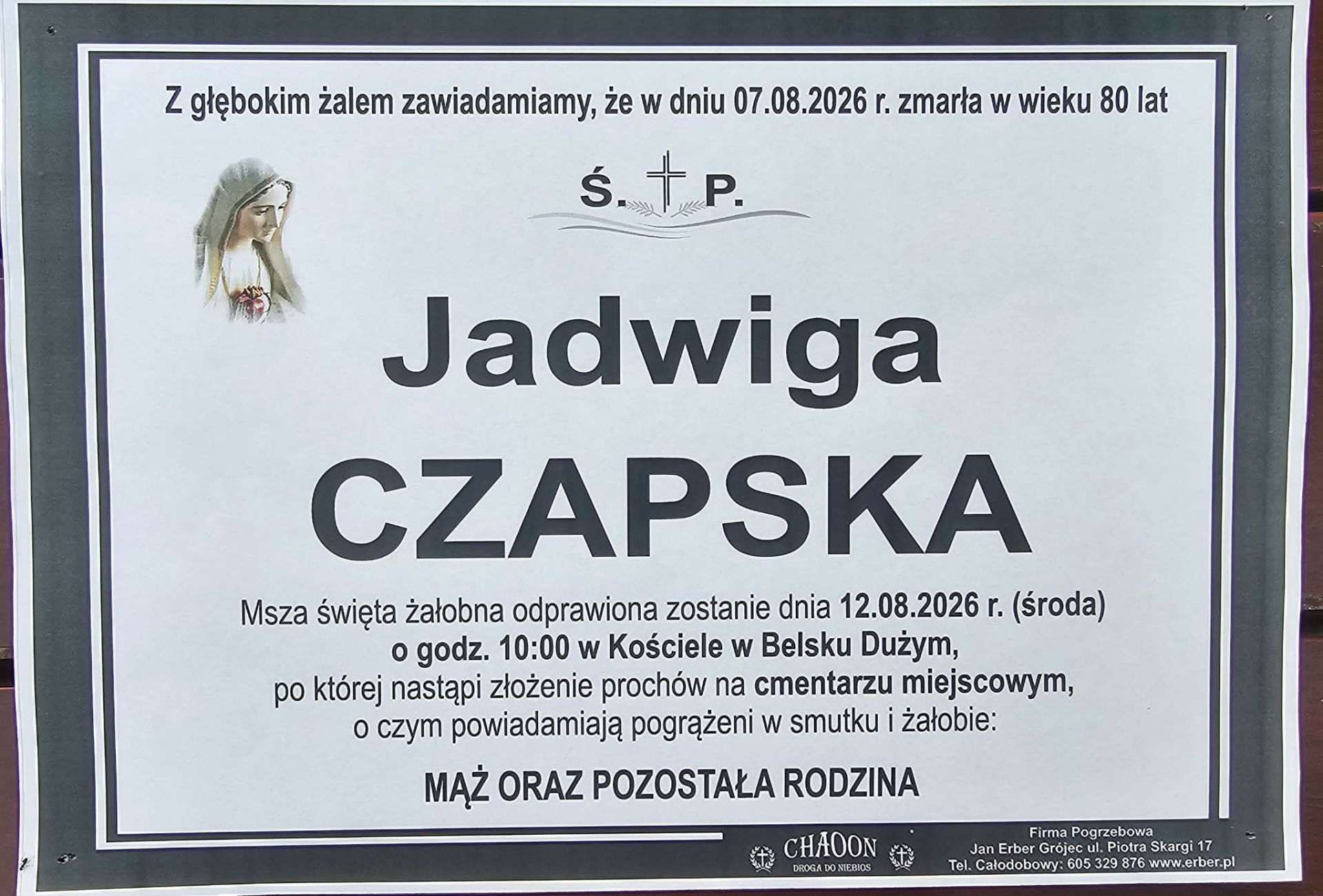 Komunikat o pogrzebie śp. JADWIGI CZAPSKIEJ z Odrzywołka.