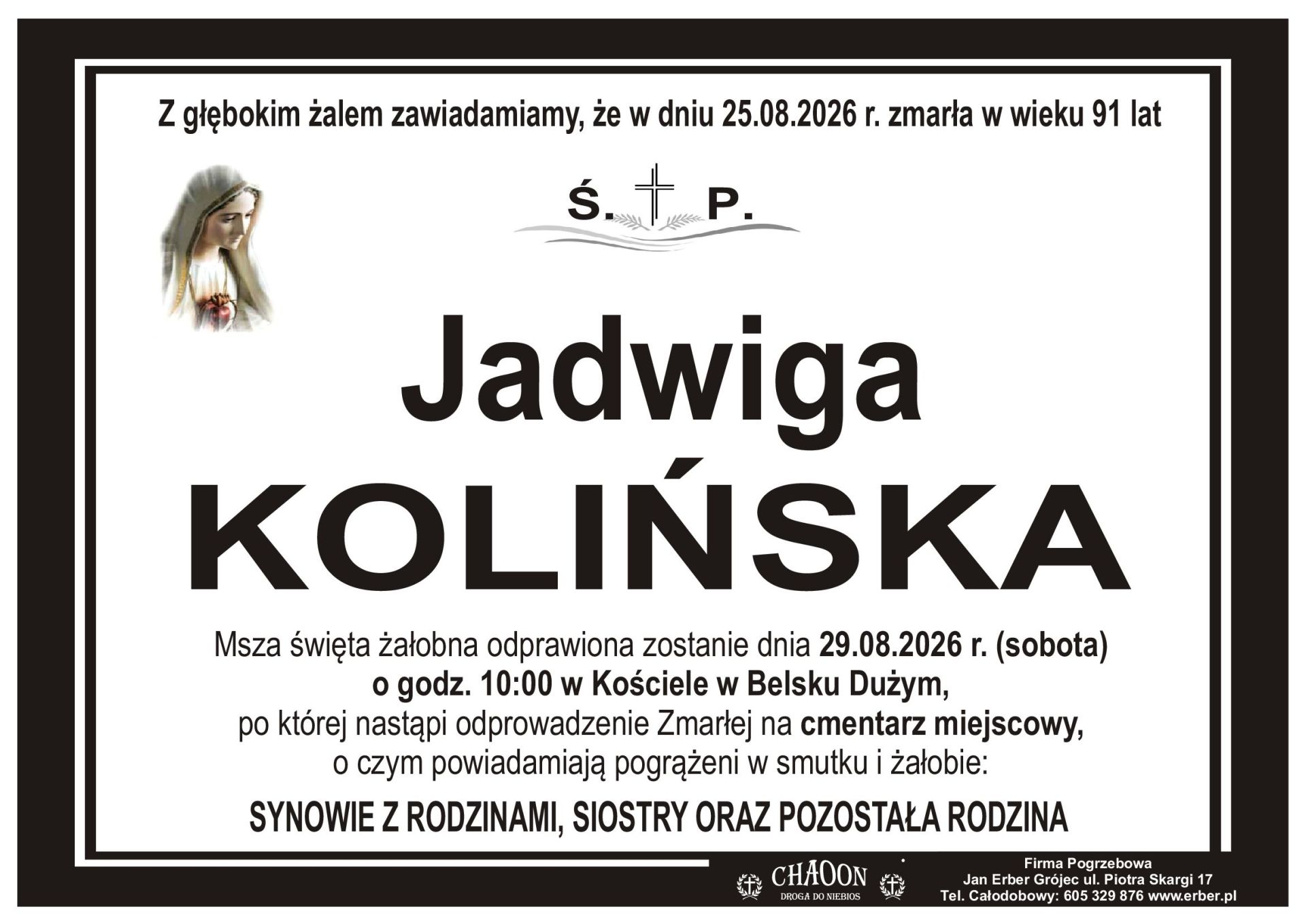 Komunikat o pogrzebie śp. JADWIGI KOLIŃSKIEJ z Daszewic.