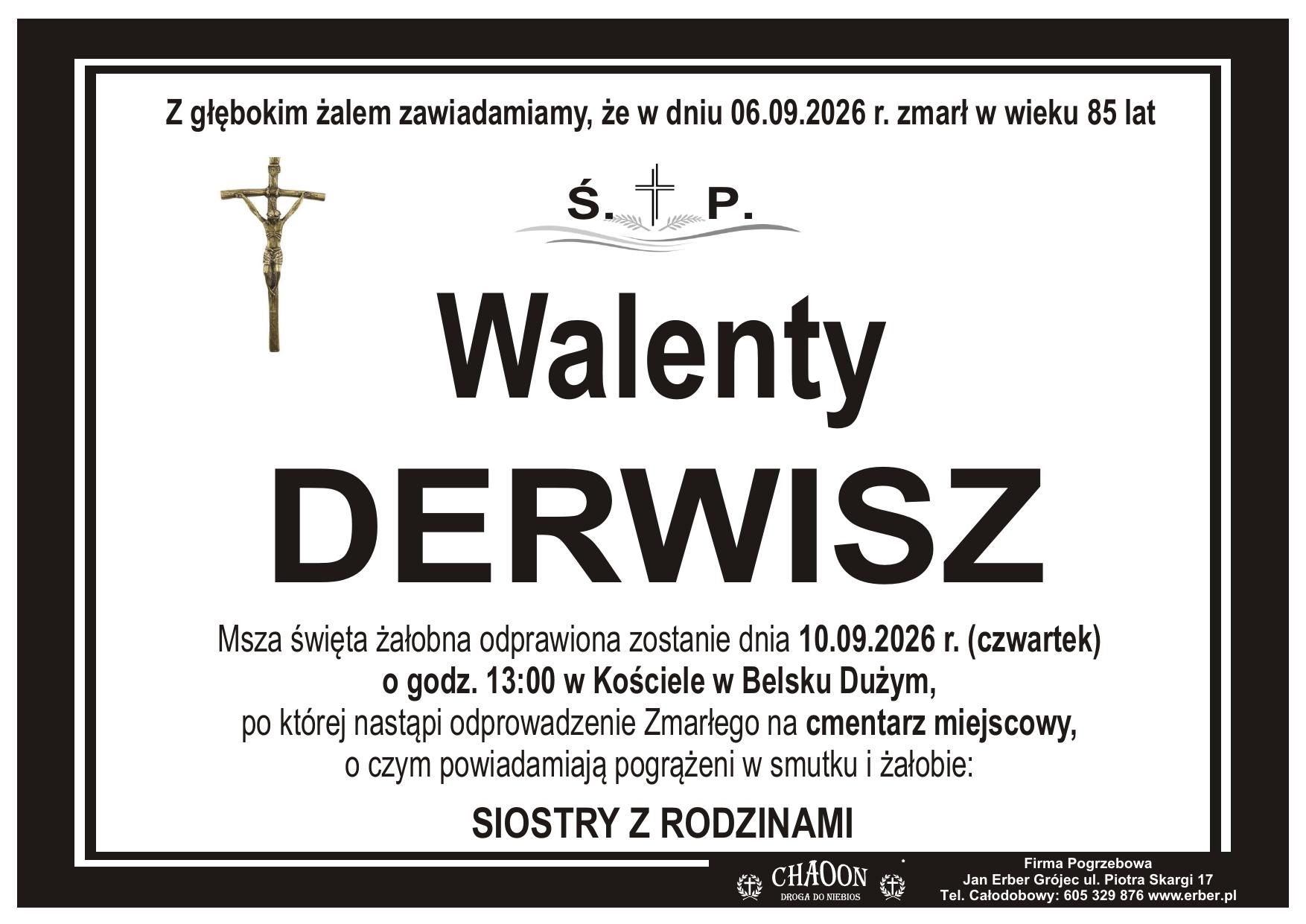 Komunikat o pogrzebie śp. WALENTEGO DERWISZA z WIlczogóry.