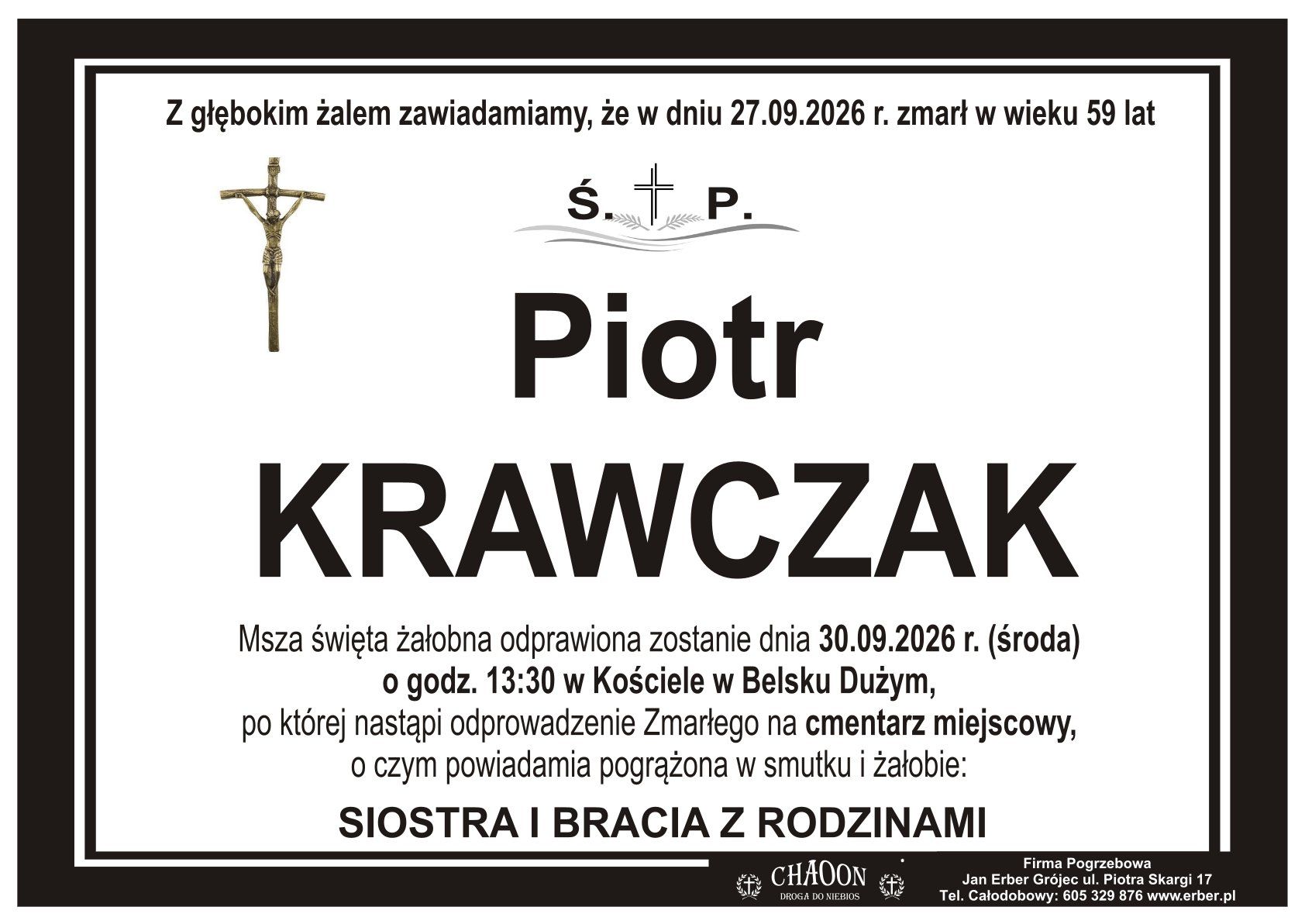 Komunikat o pogrzebie śp. PIOTRA KRAWCZAKA z Belska Dużego.
