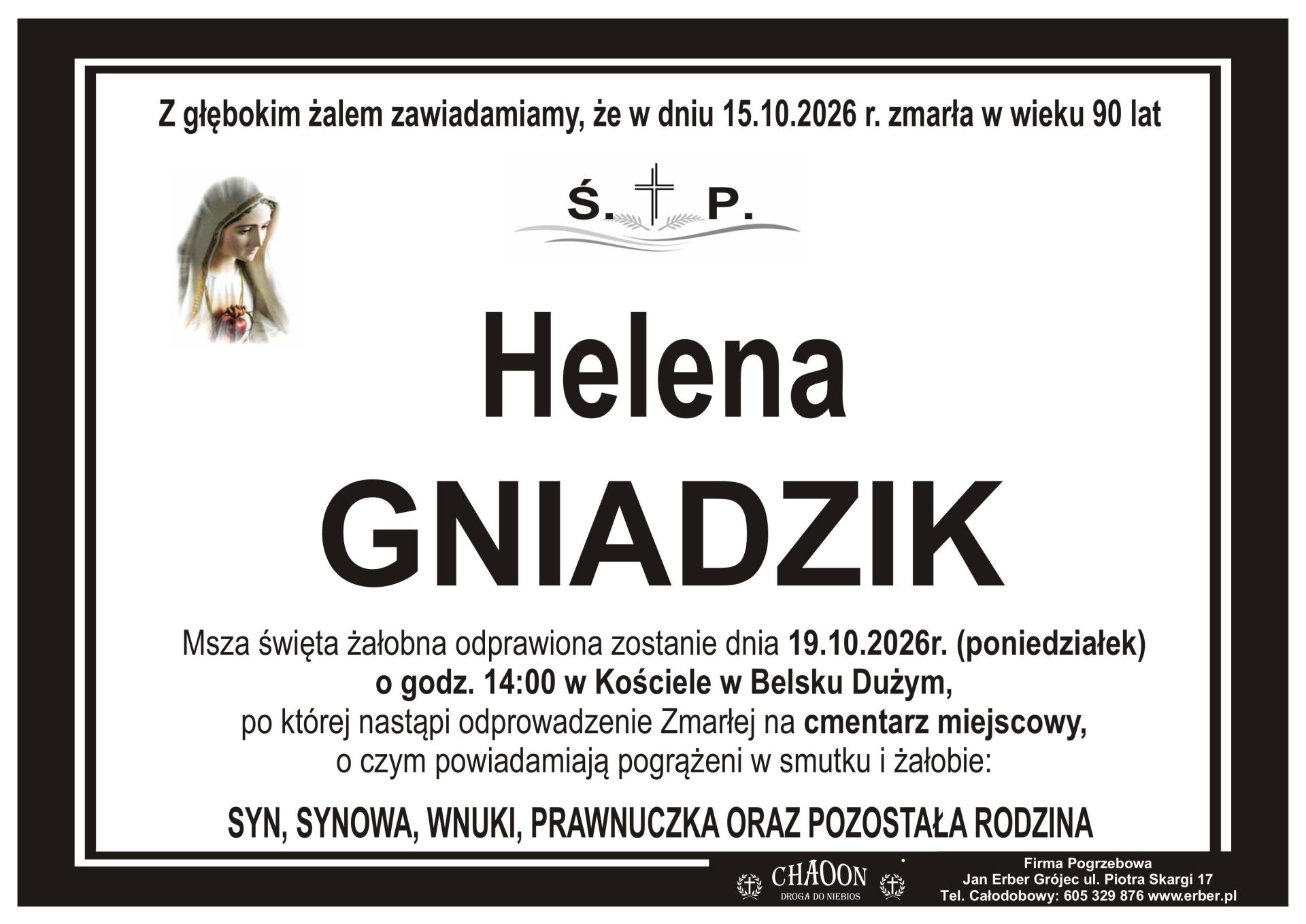 Komunikat o pogrzebie śp. HELENY GNIADZIK z Rębowoli.