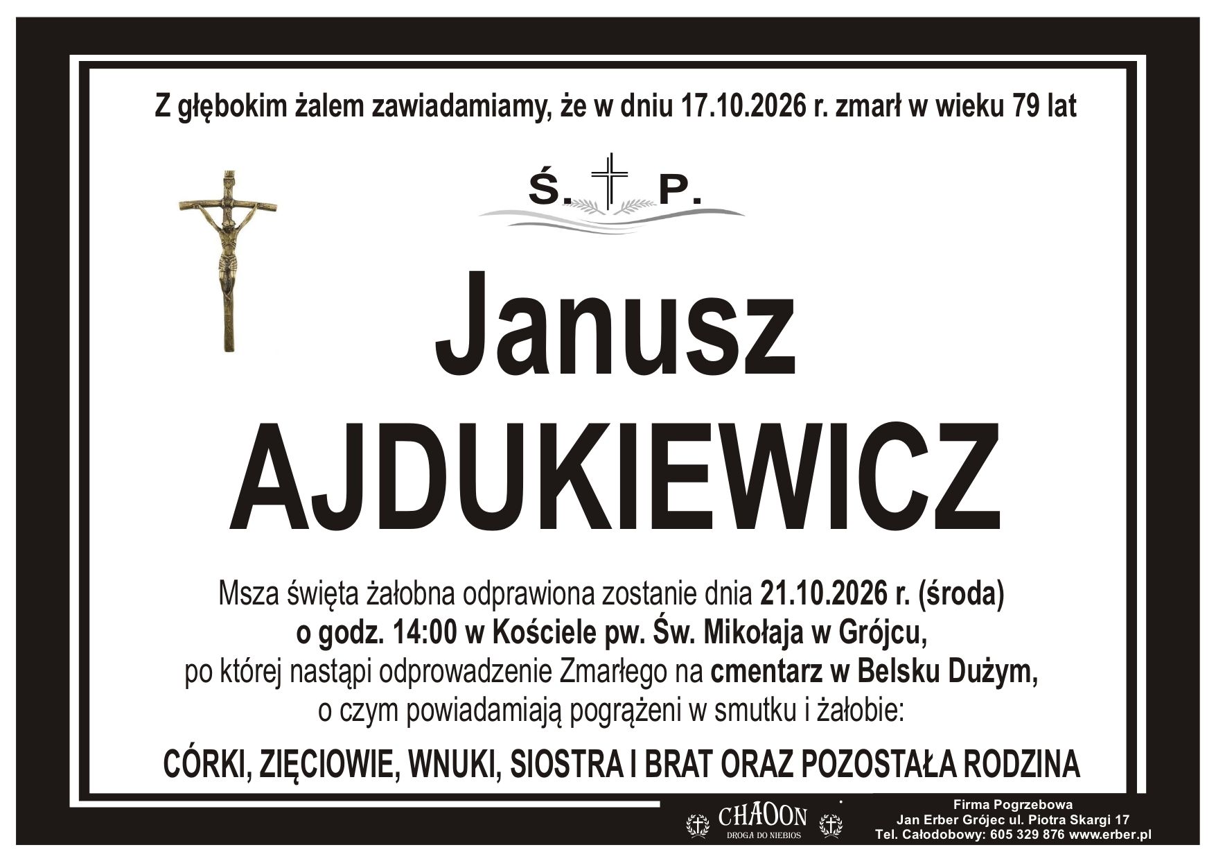 Komunikat o pogrzebie śp. JANUSZA AJDUKIEWICZA z Grójca.