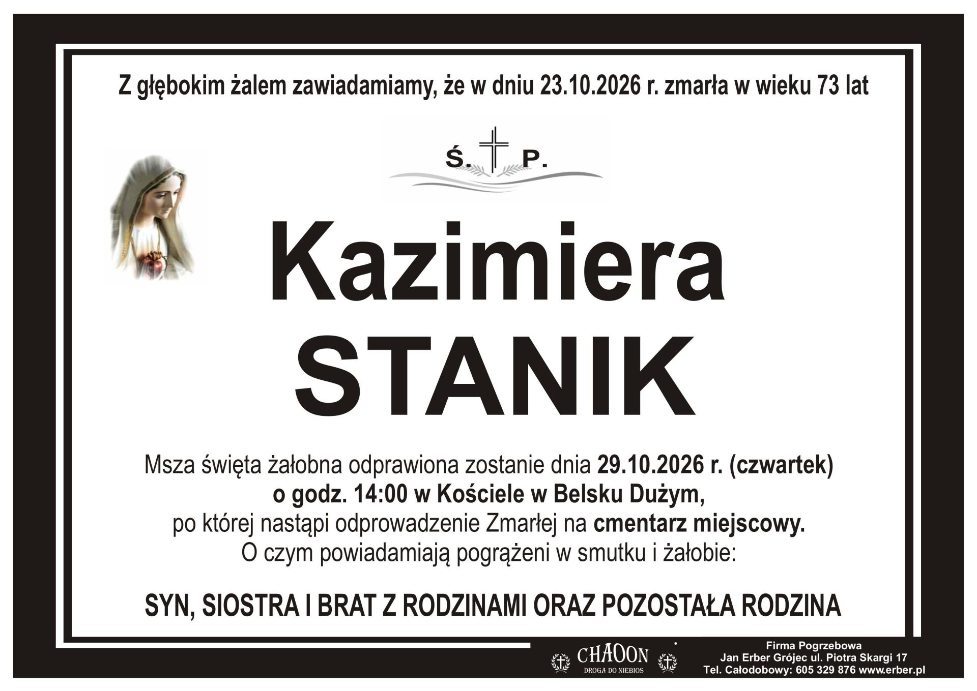 Komunikat o pogrzebie śp. KAZIMIERY STANIK z Belska Dużego.